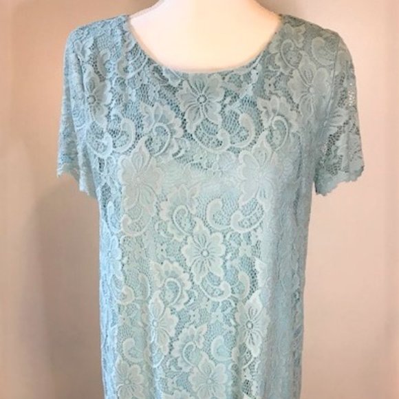 JUICY COUTURE Women Floral Shift Dress Baby Blue Lace M Short Sleeve Lined Y2K - Picture 2 of 9